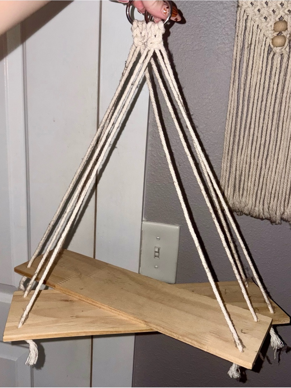 Macrame Hanging Wall Shelf - Natural Wood Display